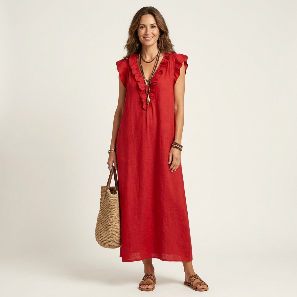 Feminine ladies' V-neck maxi dress featuring elegant ruffles & comfortable fit.
