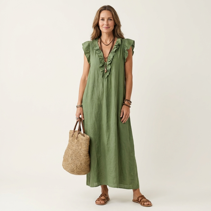Elegant women's long dress with V-neckline and delicate ruffle details.