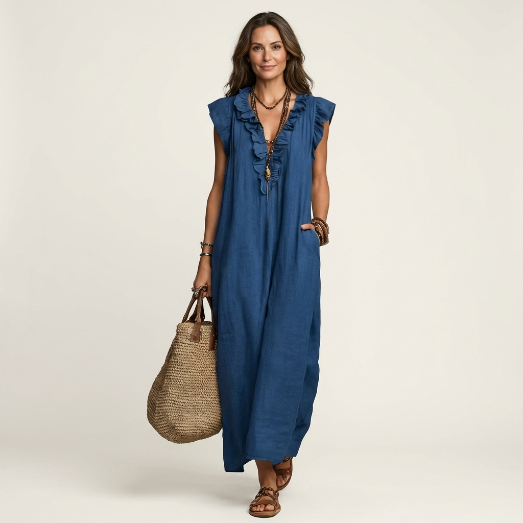 Graceful women's holiday outfit: Flowing ruffle V-neck maxi dress.