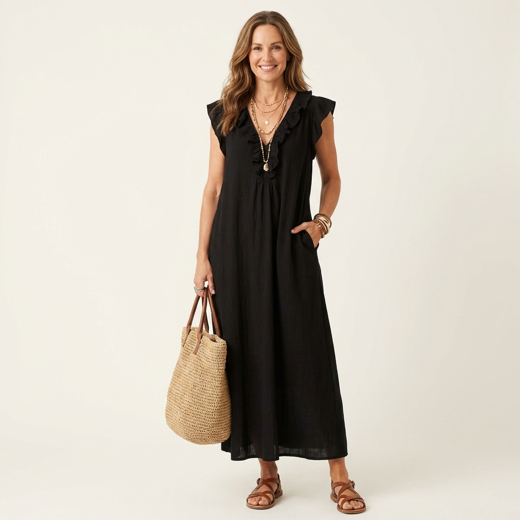 Women's V-neck ruffle maxi dress, perfect for a sophisticated day look.
