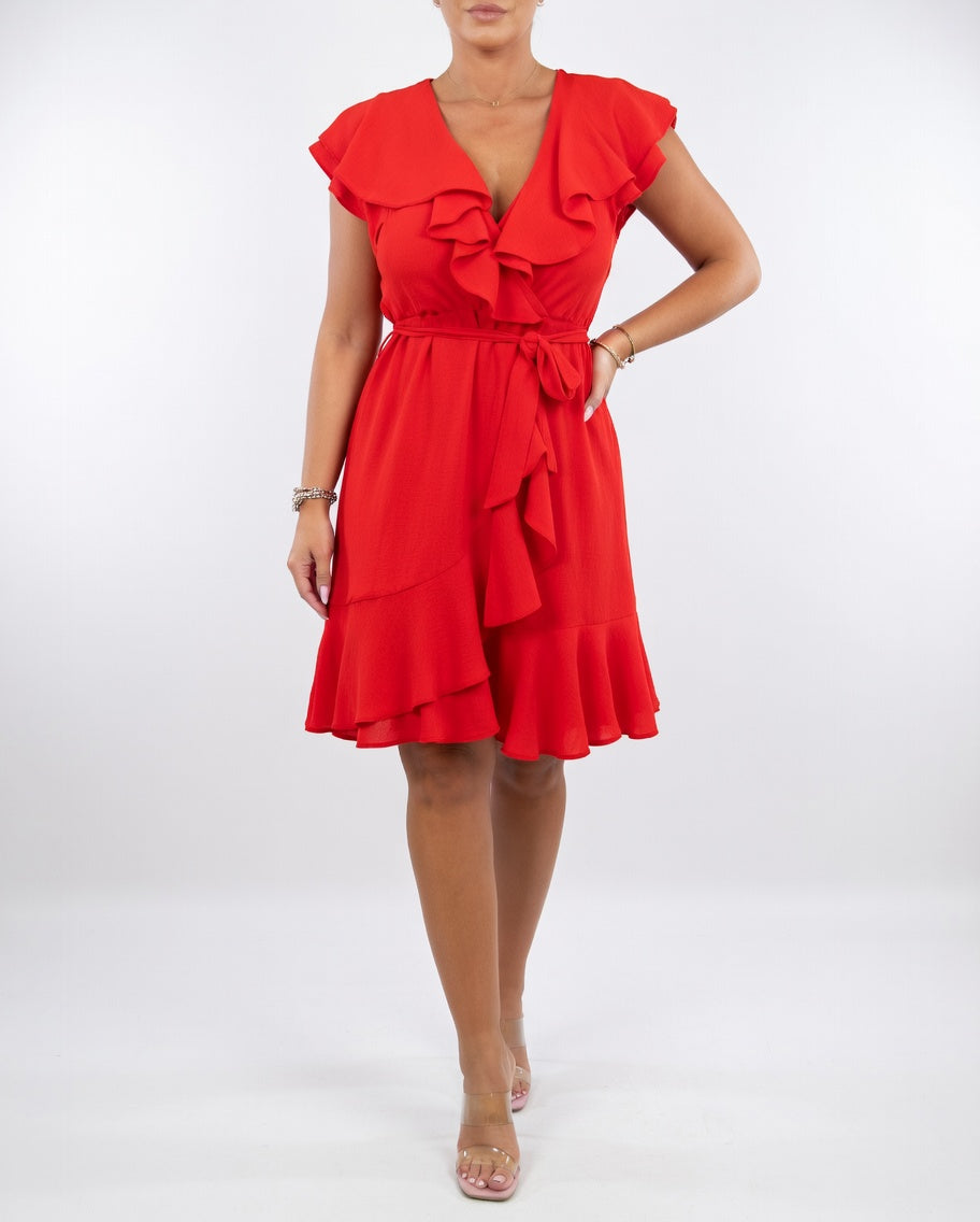 Chic V-neck wrap midi dress with ruffles and cap sleeves, ideal for elegant party wear.