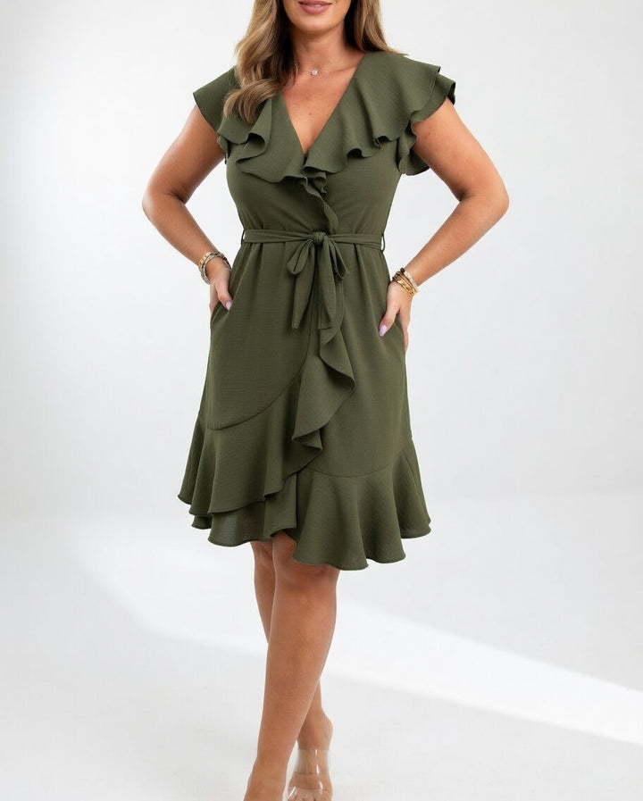 Elegant women's V-neck cap sleeve midi dress, a sophisticated ruffle wrap for any occasion.