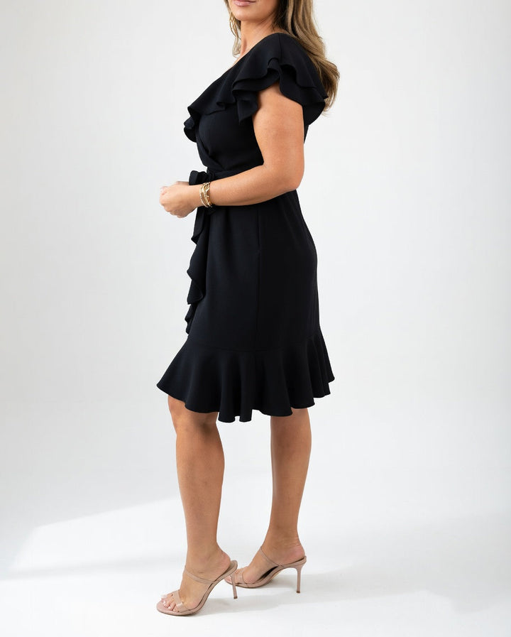 Classic women's ruffle wrap midi dress, featuring a flattering V-neck and delicate cap sleeves.
