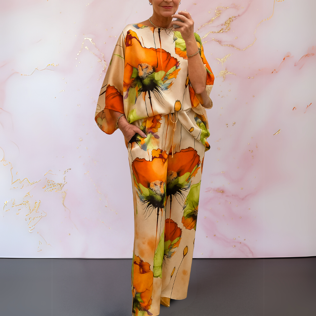 Fashionable women's matching satin two-piece set, an elegant and comfortable outfit.