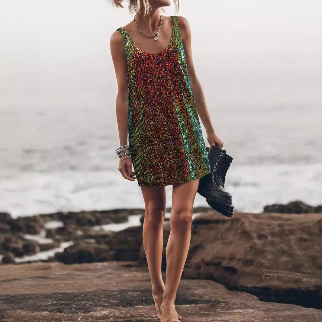 Shimmering women's cocktail mini dress with sequins, an elegant party outfit.