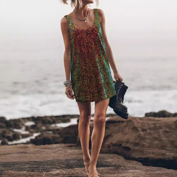 Shimmering women's cocktail mini dress with sequins, an elegant party outfit.