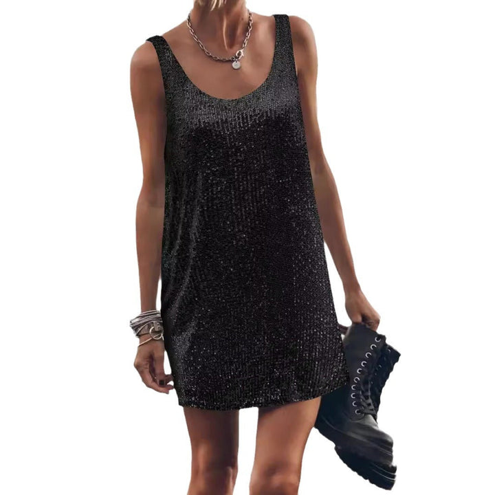 Elegant women's sequin mini dress for night out, a glamorous off-shoulder style.