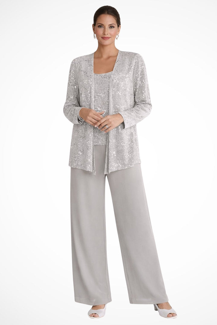 Women's elegant sequin three-piece wide-leg trouser set for evening wear.