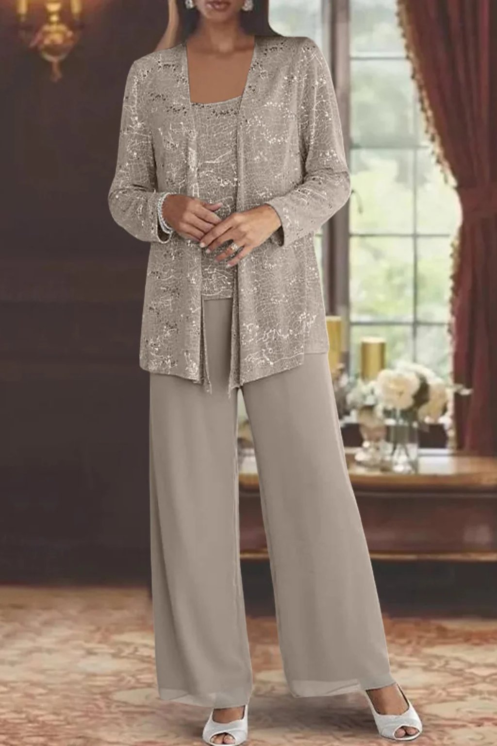 Fashionable women's sequin three-piece set, wide-leg trousers, ideal for formal events.