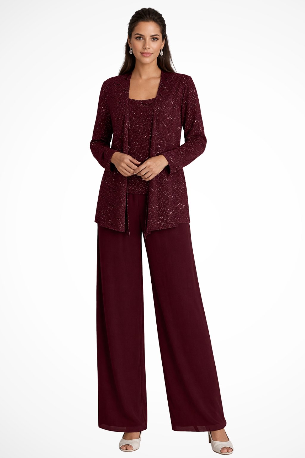 Elegant sequin three-piece set with wide-leg trousers, women's glamorous party outfit.