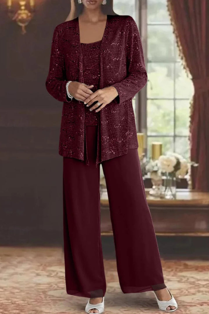Women's sparkling sequin three-piece wide-leg trouser set for formal evening wear.