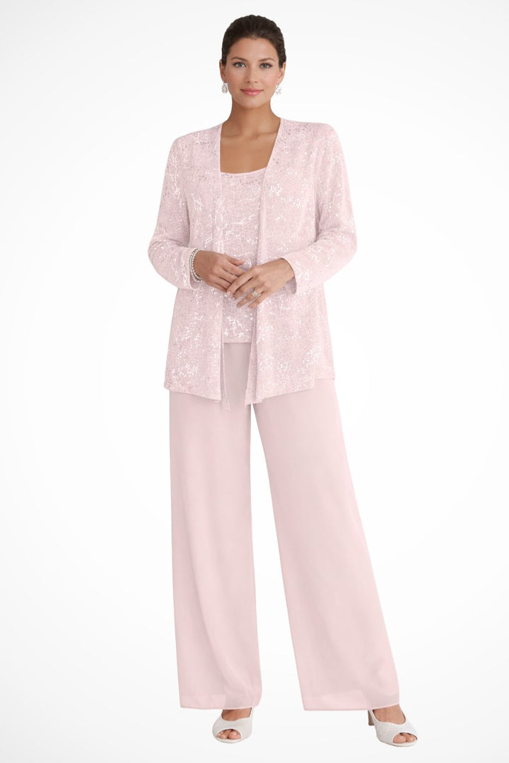 Coordinated women's sequin three-piece set: wide-leg trousers, top, and jacket for events.