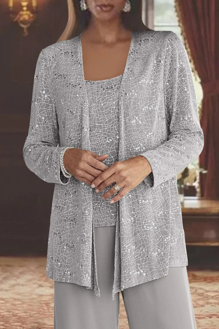 Formal women's sequin three-piece set with wide-leg trousers, ideal for evening events.
