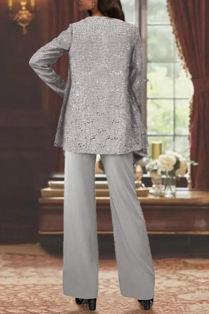 Elegant women's coordinated sequin set: wide-leg trousers, top & jacket for formal wear.