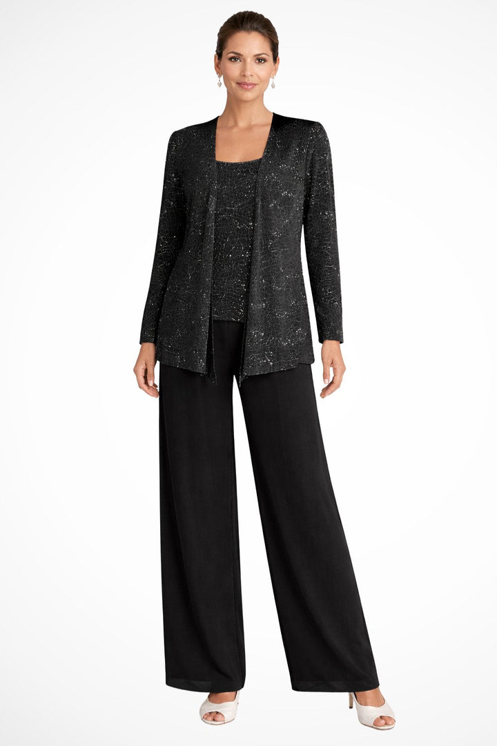 Stunning sequin three-piece wide-leg trouser set, glamorous women's evening outfit.