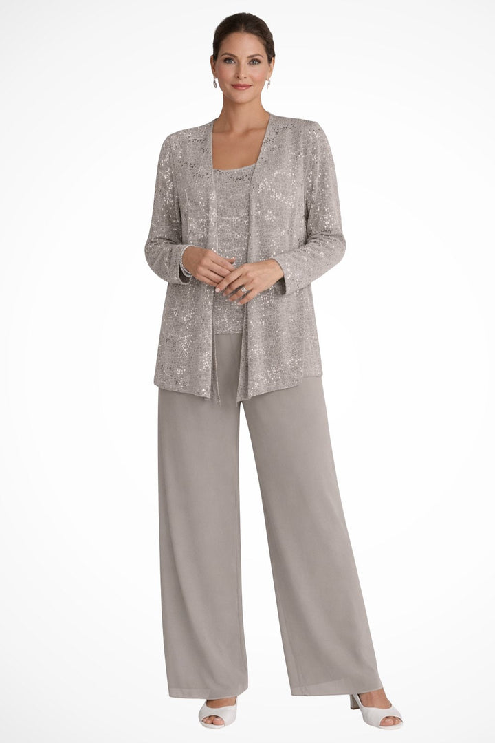 Shimmering women's sequin three-piece wide-leg trouser set for special occasion evening wear.