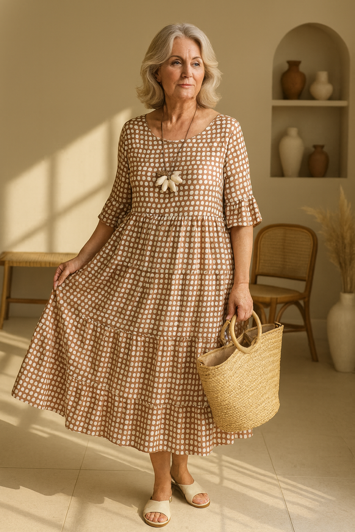 Women's elegant short-sleeve midi dress, relaxed fit, perfect for day-to-night chic summer style.
