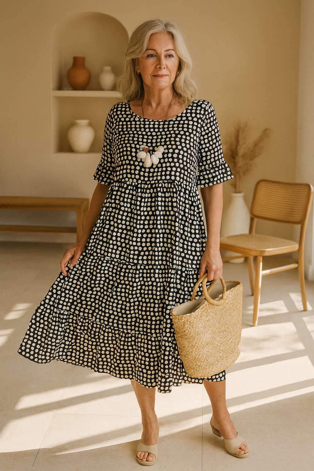 Chic women's summer short-sleeve midi dress, relaxed and elegant, ideal for comfortable day-to-night styling.