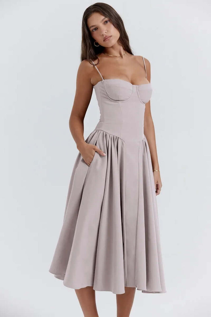 Women's casual chic midi dress. Sleeveless, fitted corset style for comfort and elegance.