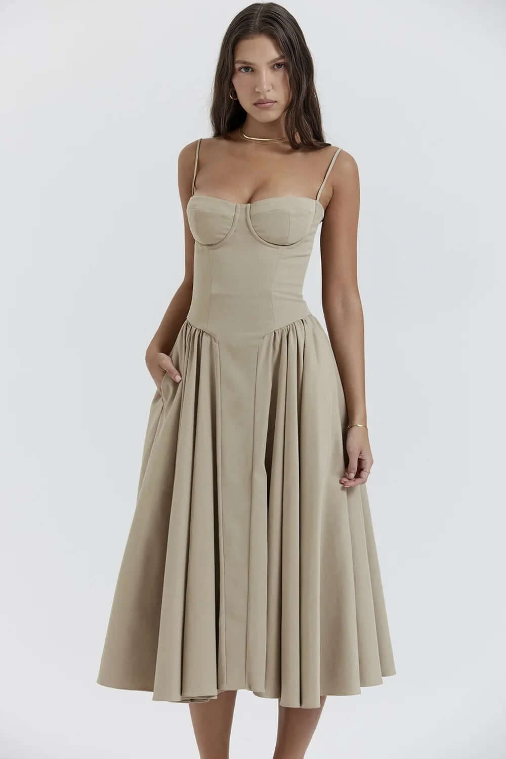 Chic women's midi dress, sleeveless & fitted. Corset design provides an elegant and stylish look.