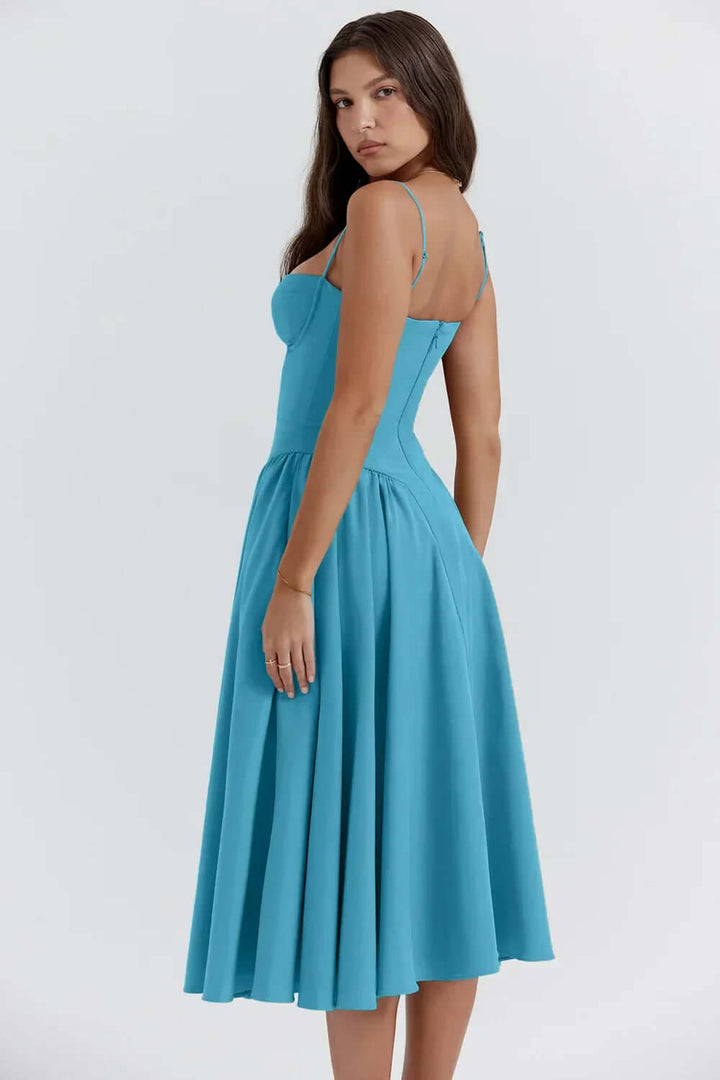 Elegant sleeveless women's midi dress. Fitted corset design, perfect for a chic and versatile wardrobe.