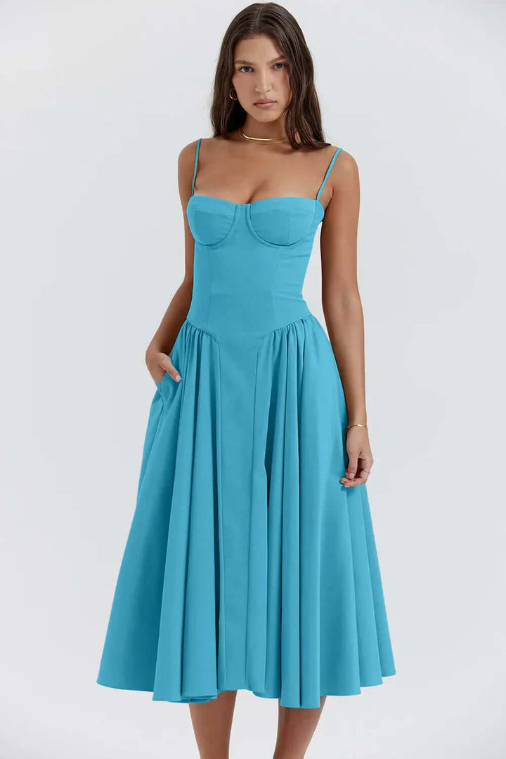 Women's versatile sleeveless midi dress. Fitted corset design, perfect for effortless elegance.