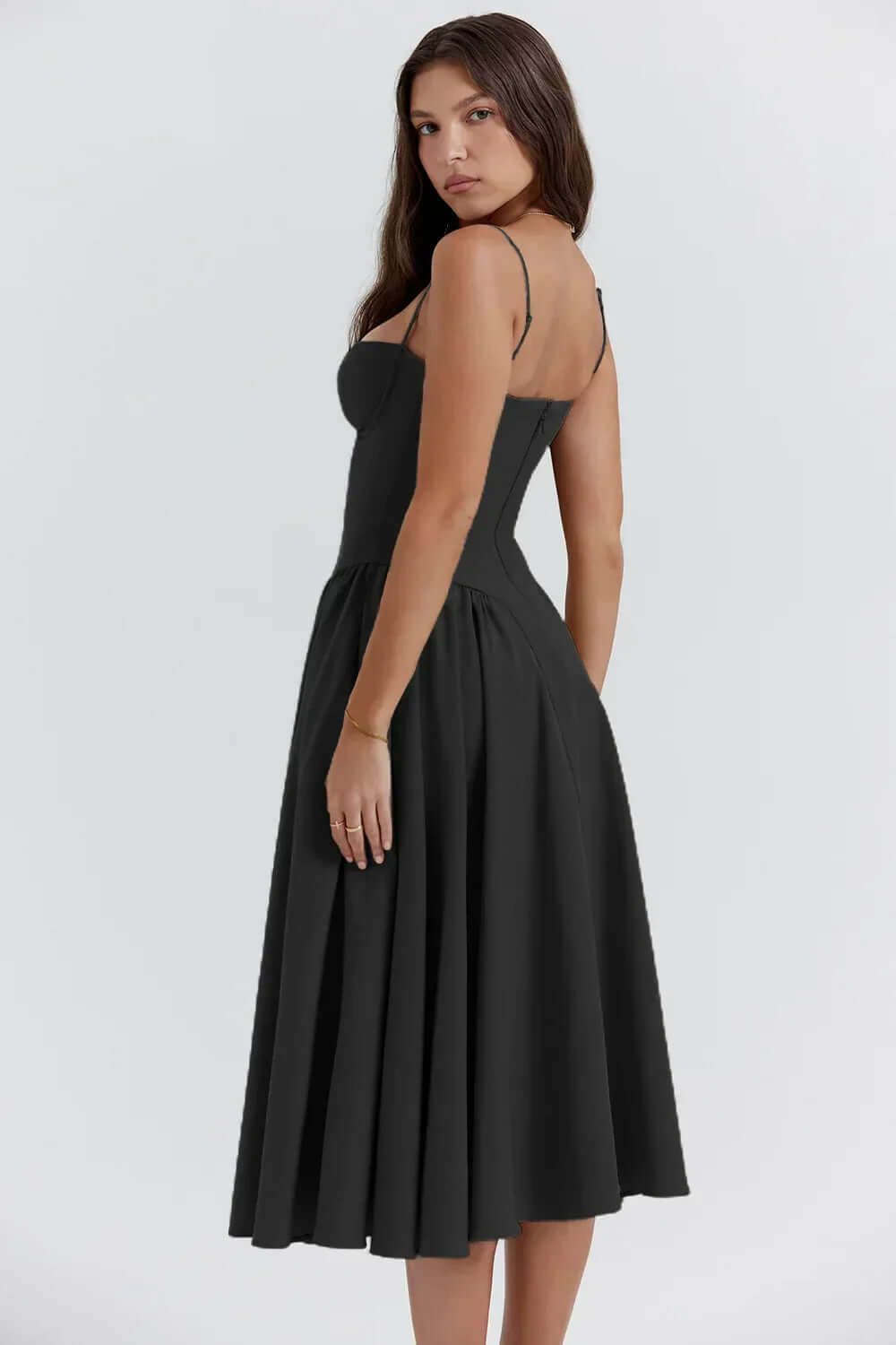 Women's chic midi dress, sleeveless with a corset-style bodice. Perfect for summer parties & events.