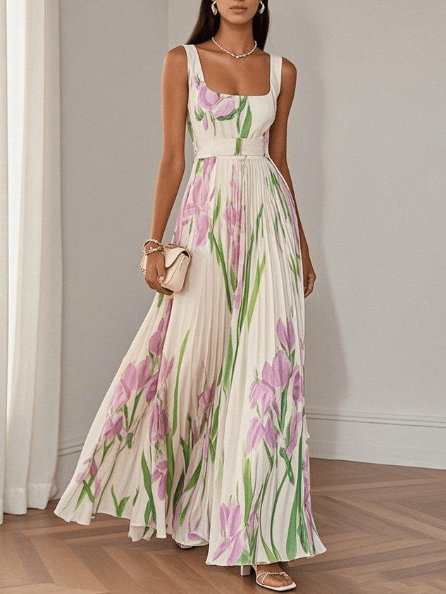Women's elegant sleeveless floral maxi dress with a square neck and flowing A-line skirt, perfect for summer occasions.