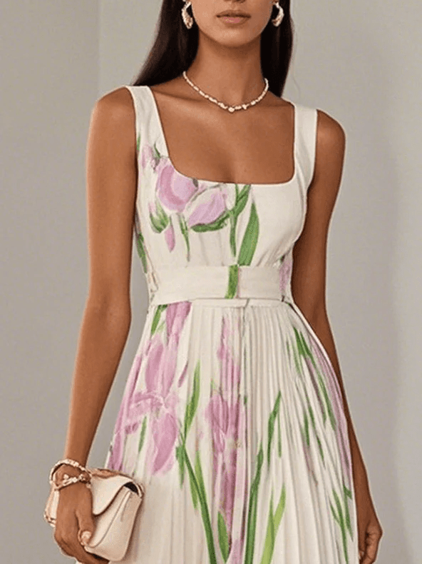 Lightweight women's floral summer maxi dress with a stylish square neck and comfortable sleeveless design, great for beach.