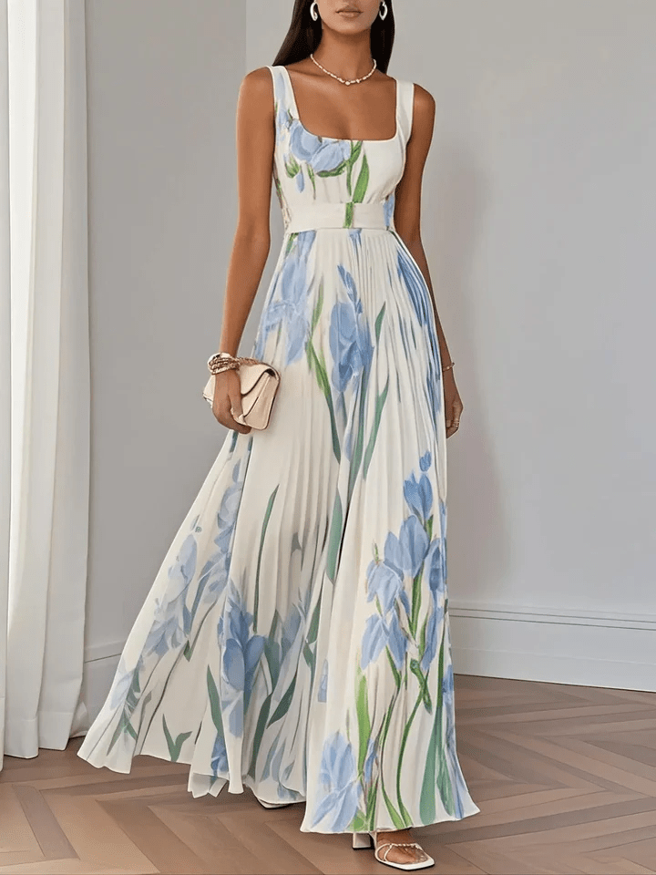 Beautiful A-line floral maxi dress for women, showcasing a flattering square neckline and elegant sleeveless design.