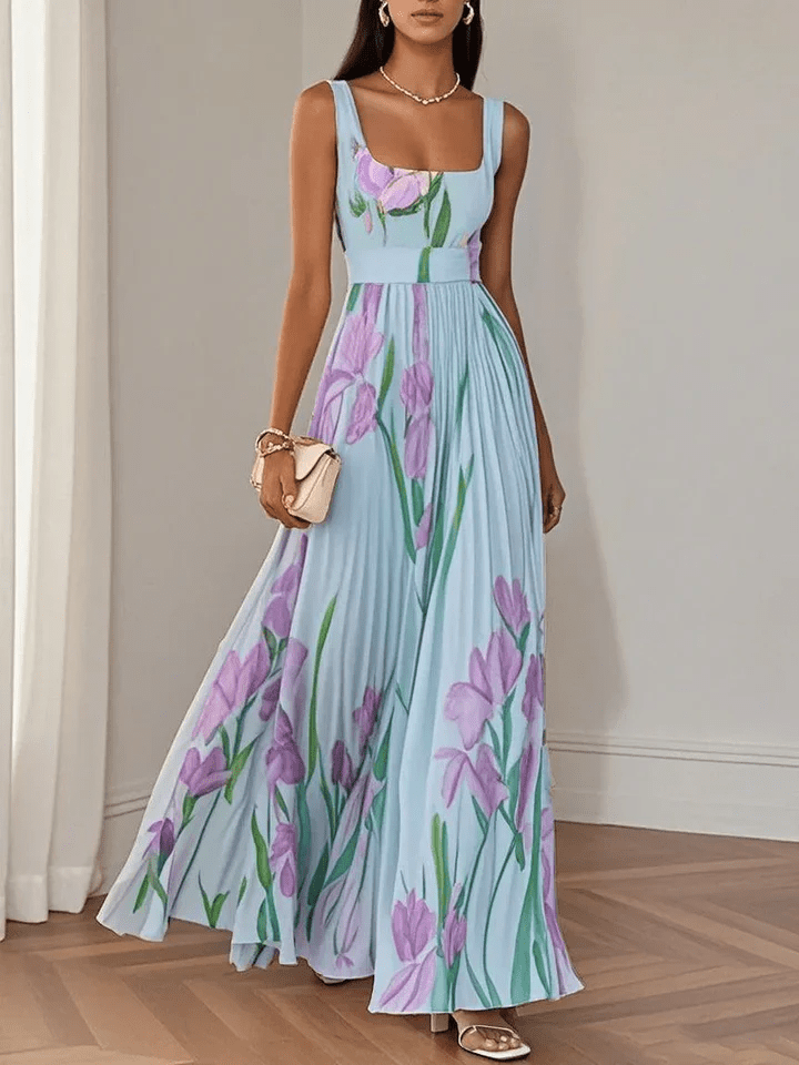 Chic women's sleeveless floral maxi dress with a square neck, great for elegant summer events, garden parties, or vacation.