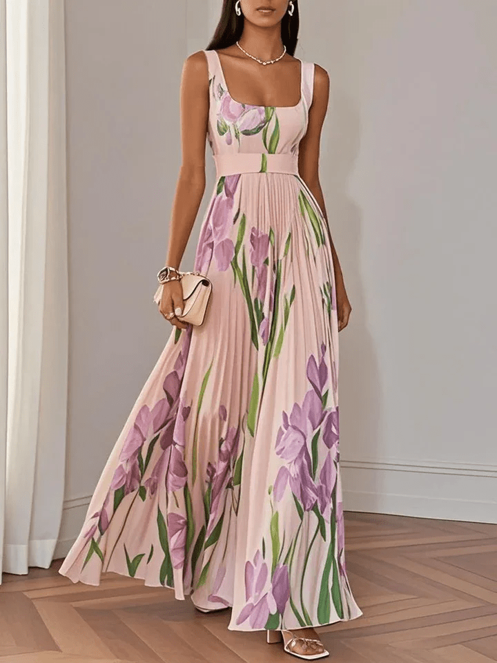 Stylish women's sleeveless floral A-line maxi dress with a square neck, versatile for both casual summer & special events.