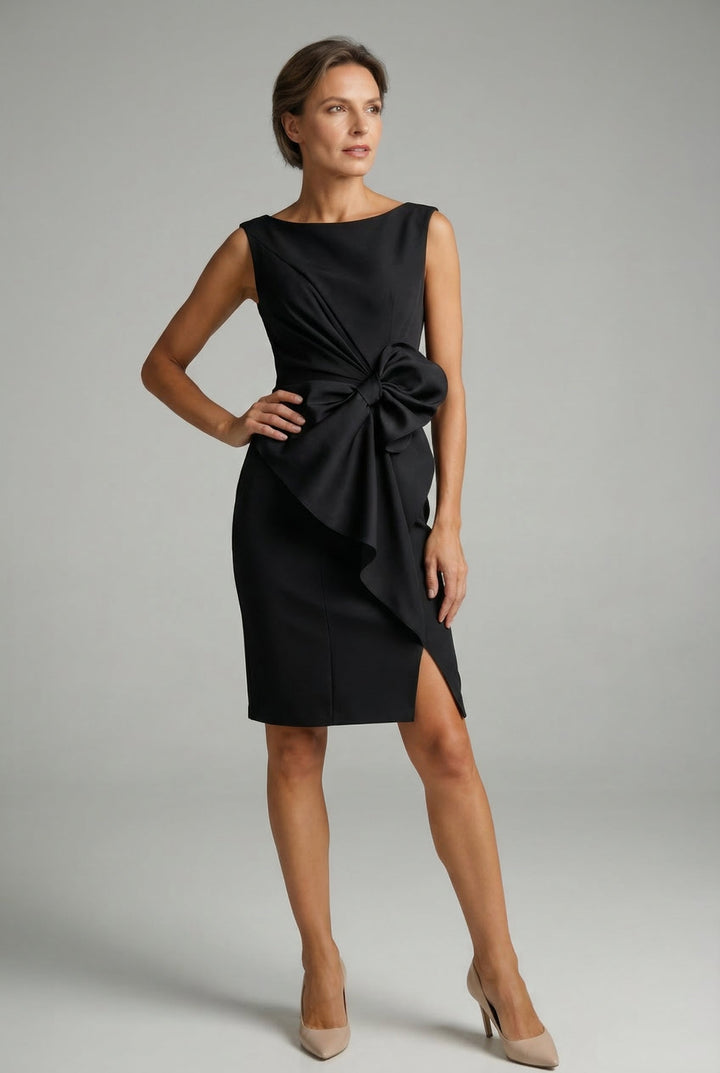 Beautiful women's elegant sleeveless midi dress with a stylish bow waist, ideal for cocktail parties & special events.
