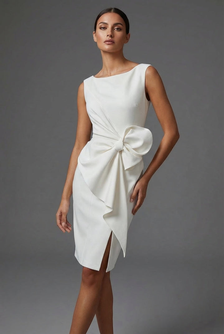 Elegant sleeveless midi dress for women, a perfect cocktail or party dress with a chic bow waist design.