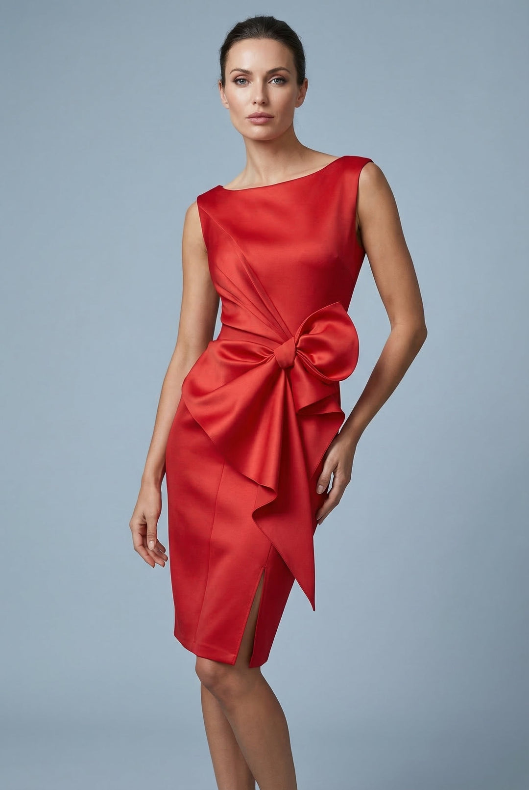 Sophisticated women's midi cocktail dress, sleeveless and elegant, designed with a flattering bow waist.