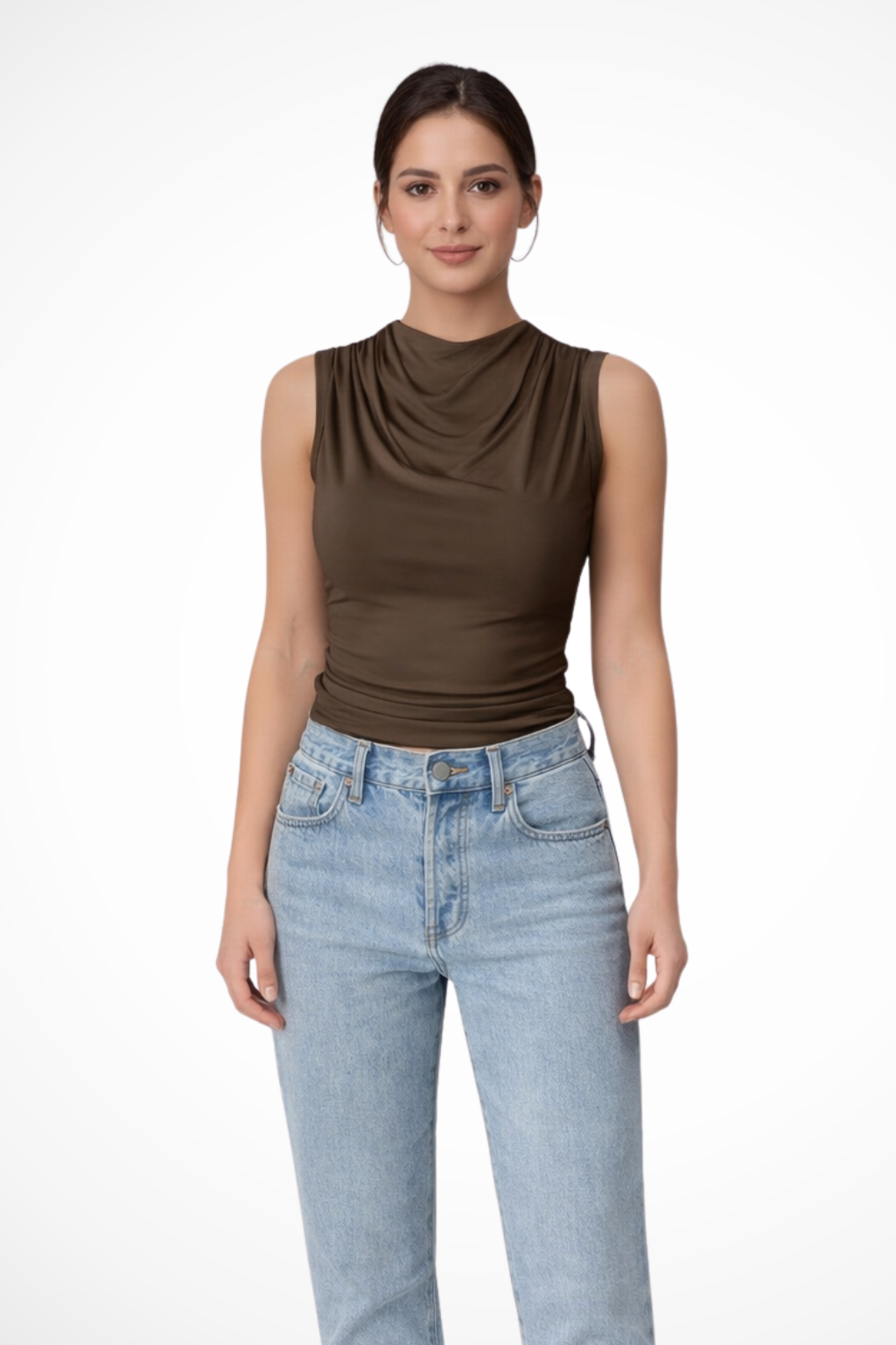 Women's elegant sleeveless peplum top with a chic draped neck, perfect for versatile fashion.