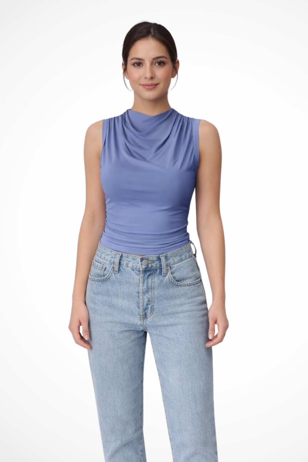 Stylish women's draped neck peplum top, sleeveless, offers an elegant look for work or casual wear.