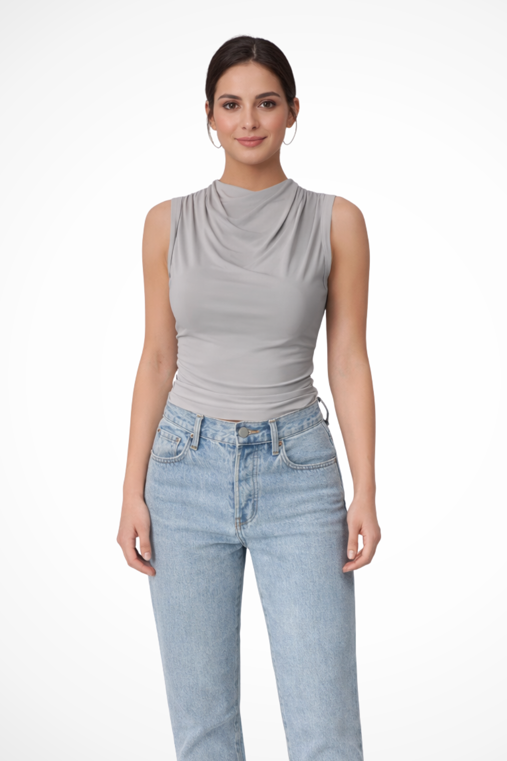 Elegant women's sleeveless peplum top featuring a graceful draped neck. A versatile chic blouse.