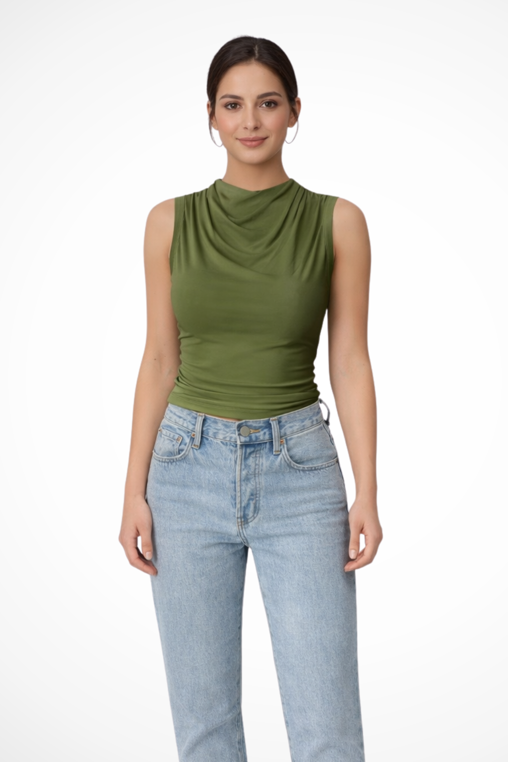 Women's sleeveless peplum top with elegant draped neck. Versatile fashion blouse for work & casual.