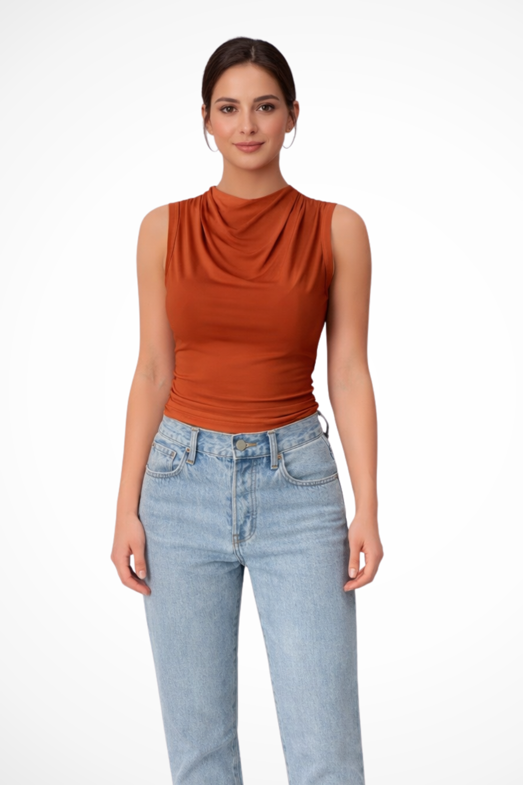Chic women's peplum top, sleeveless, with an elegant draped neckline. A versatile workwear & casual blouse.