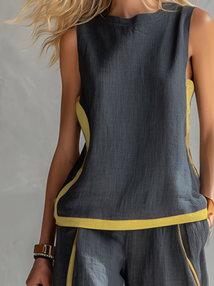 Fashionable women's matching set with an elegant sleeveless top & flowing wide leg pants.