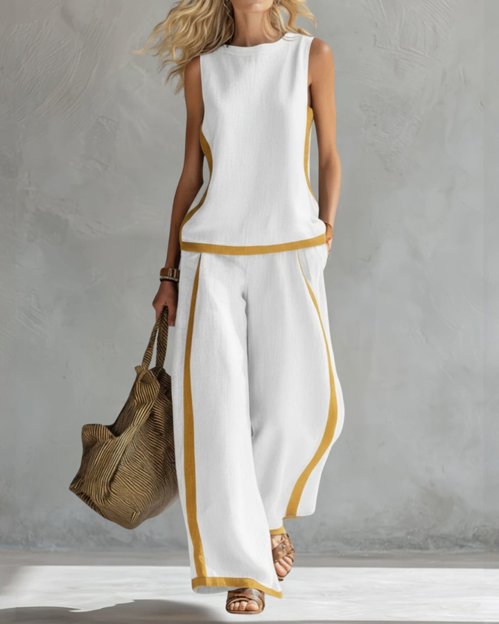 Soft & elegant women's sleeveless top and wide-leg trousers, a comfortable fashion statement.