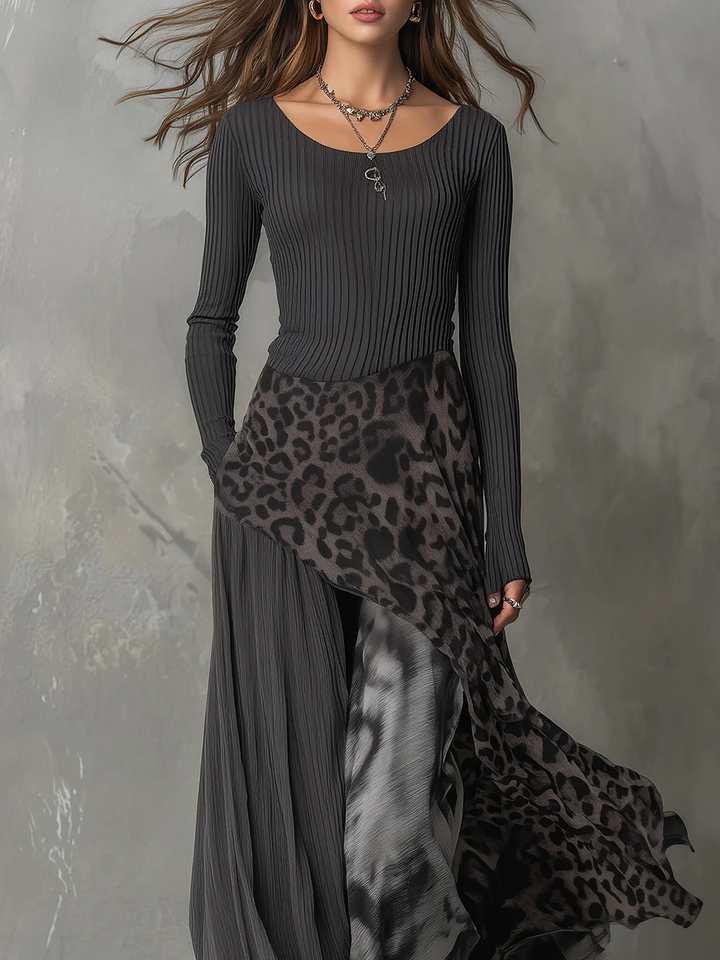 Boho style leopard print maxi dress, a comfortable and elegant slim fit design for women with irregular hem.