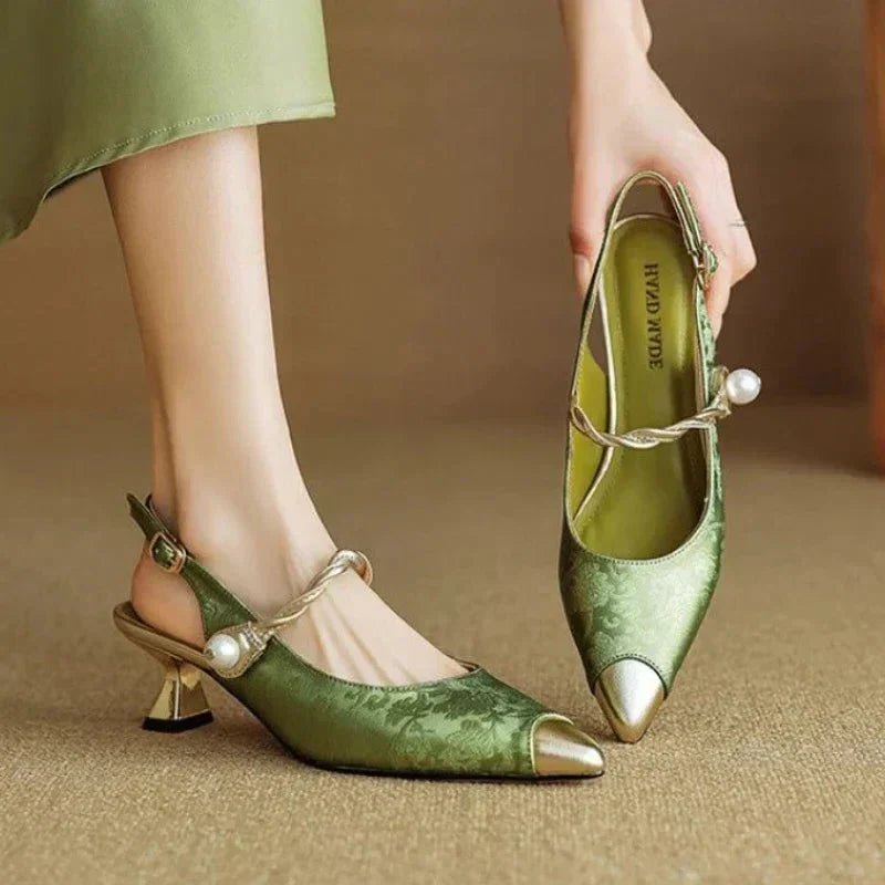 Women's elegant slingback sandals with pearl strap, pointed toe & kitten heel. Perfect for weddings & parties.