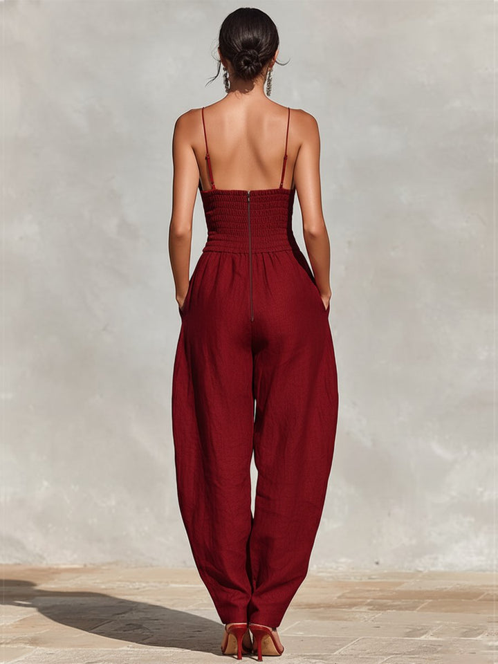 Women's formal spaghetti strap wide-leg jumpsuit, high-waist. Elegant party, wedding guest, and event attire.