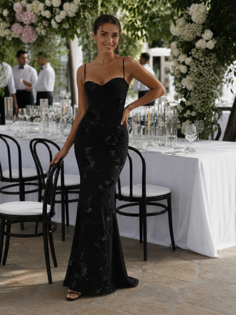 Chic bodycon maxi dress for women, featuring a form-fitting corset and delicate spaghetti straps.