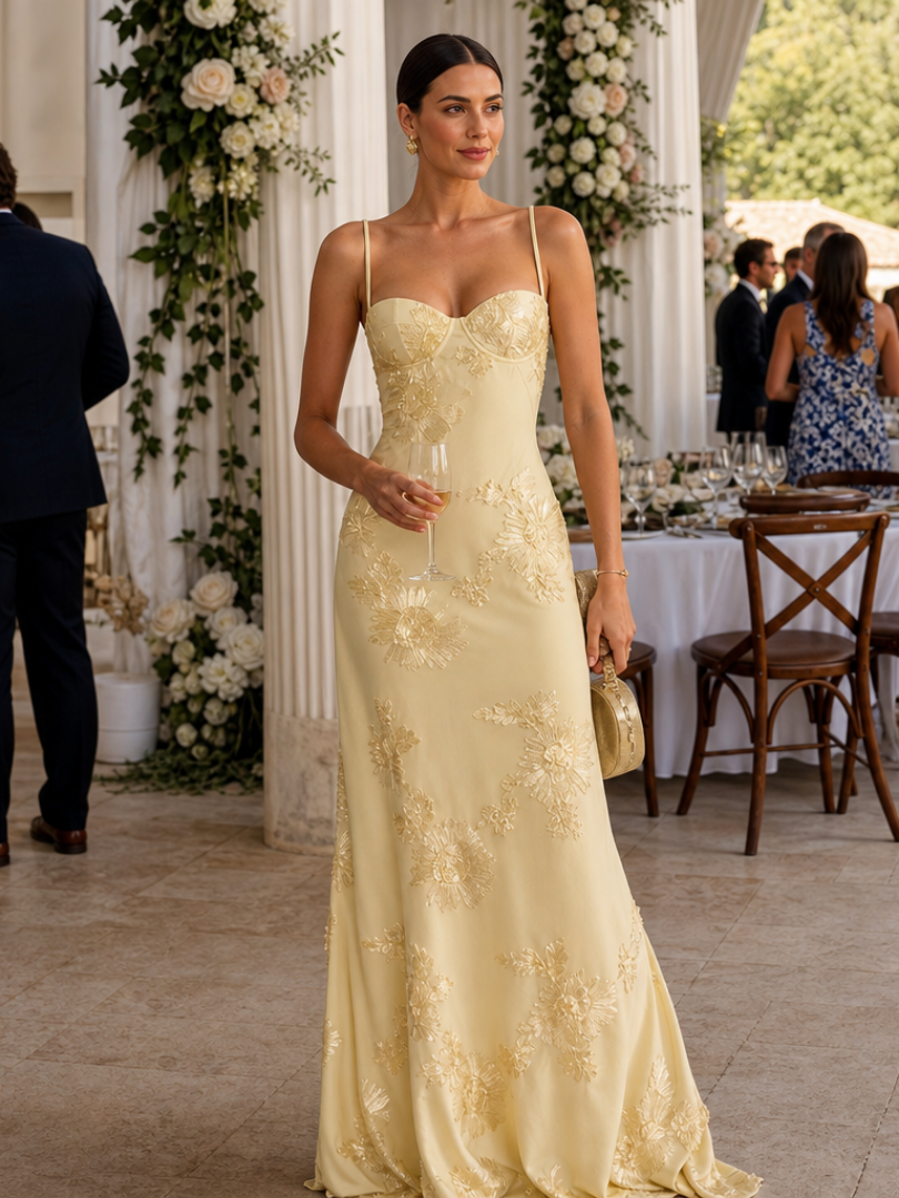 Elegant women's sleeveless maxi dress with a structured corset bodice, perfect for formal events.