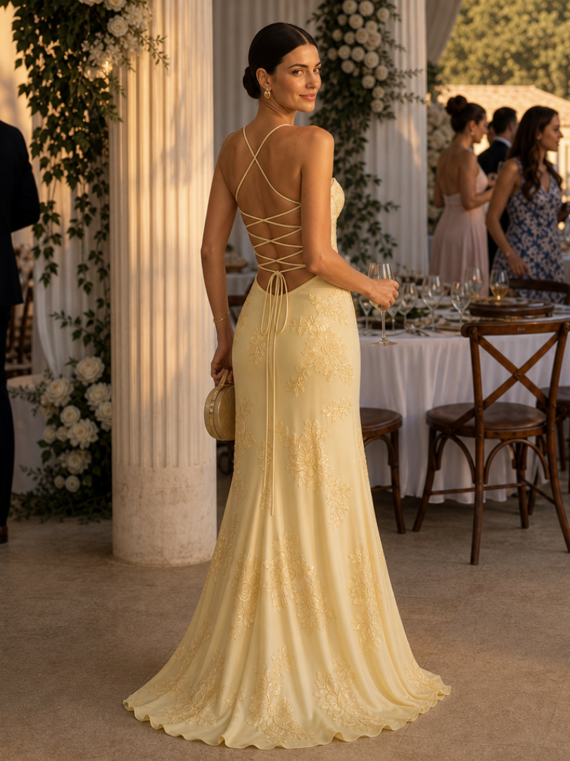 Wedding guest spaghetti strap maxi dress, an elegant choice with a sculpted corset.