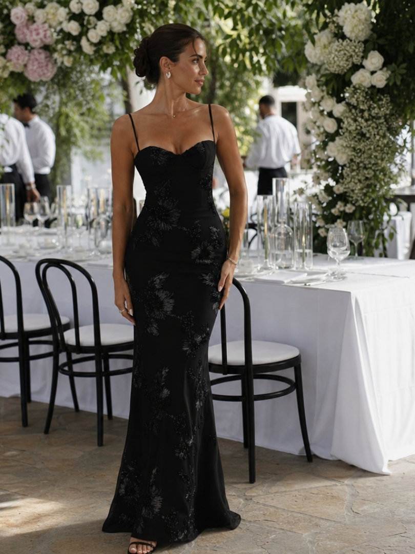 Stylish women's maxi dress with spaghetti straps and a corset bodice, ideal for sophisticated occasions.