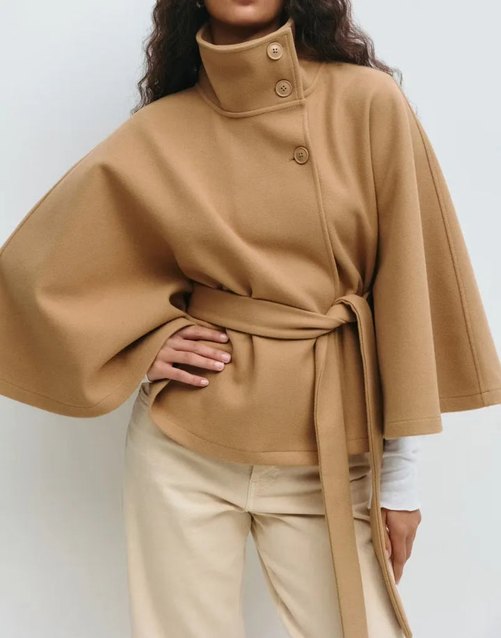 Women's elegant spring high-neck cape coat with belt, perfect for stylish layering outerwear.